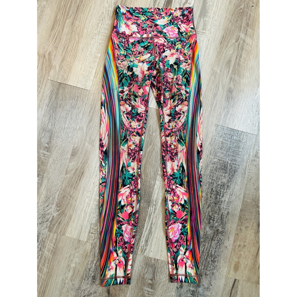 lululemon athletica Pink Floral Leggings with Rainbow Side Stripes